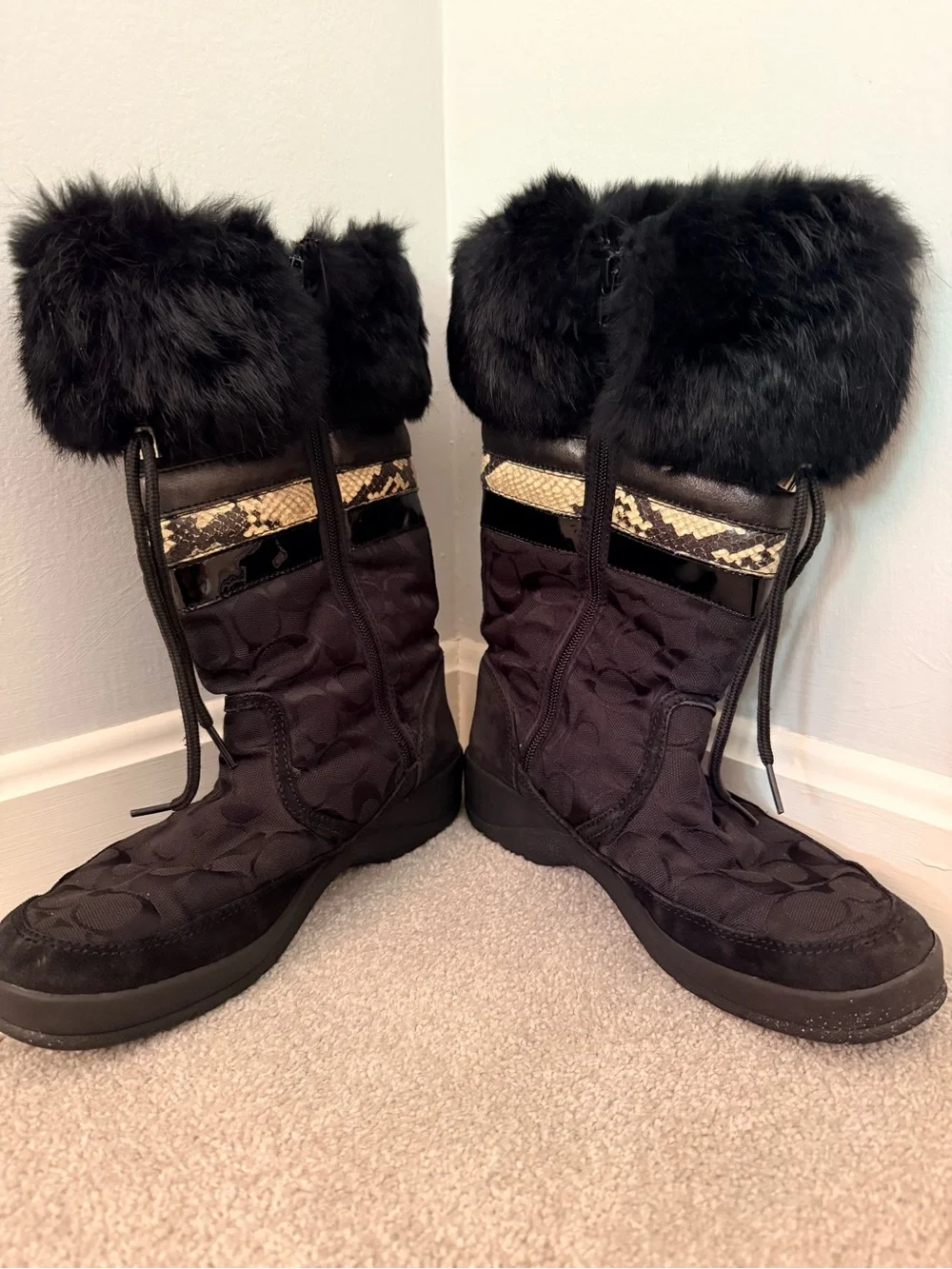 Coach Black Faux Fur Winter Boots with Snakeskin Trim